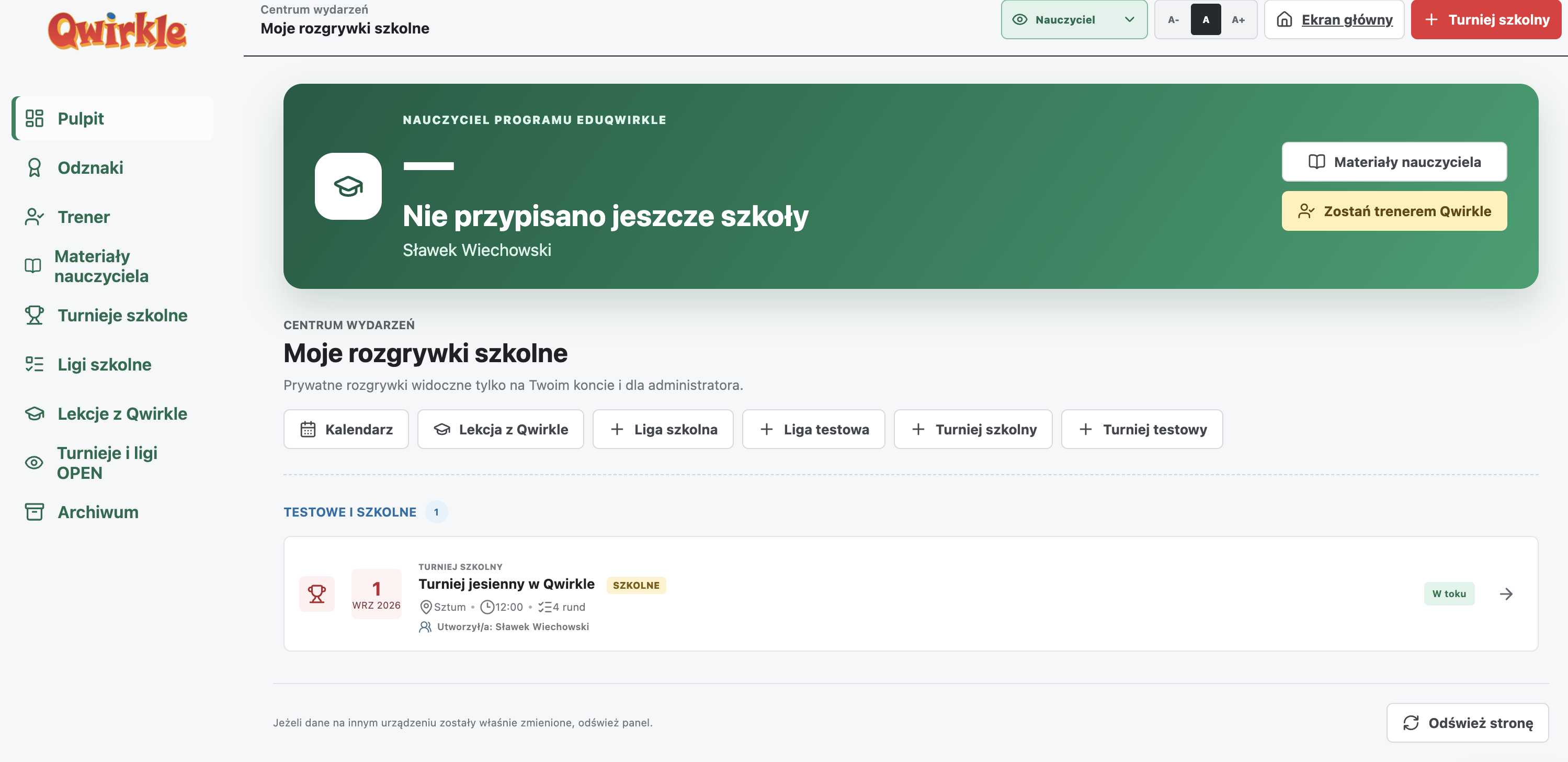 Podgląd panelu nauczyciela EduQwirkle z lekcjami, turniejami i ligami szkolnymi