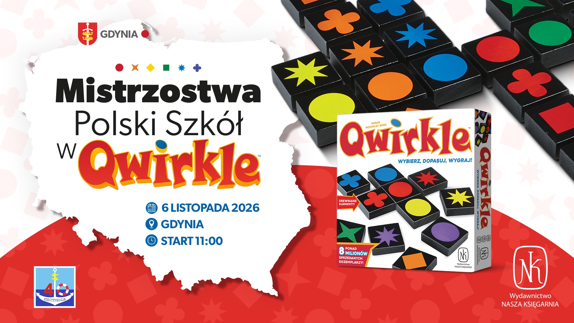 Plakat Mistrzostw Polski Szkół w Qwirkle — Gdynia, 6 listopada 2026, start 11:00